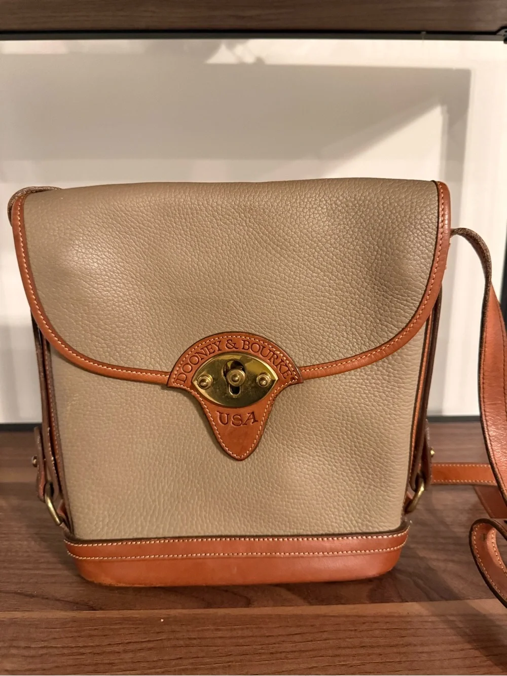 Dooney & Bourke Taupe and Tan Pebbled Leather Crossbody Bag *flawed*